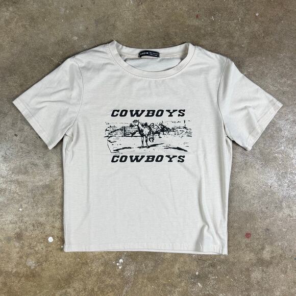 SHEIN John Galt Cowboys Knockoff Tee Women’s M Cropped Western Style Beige - Picture 1 of 6